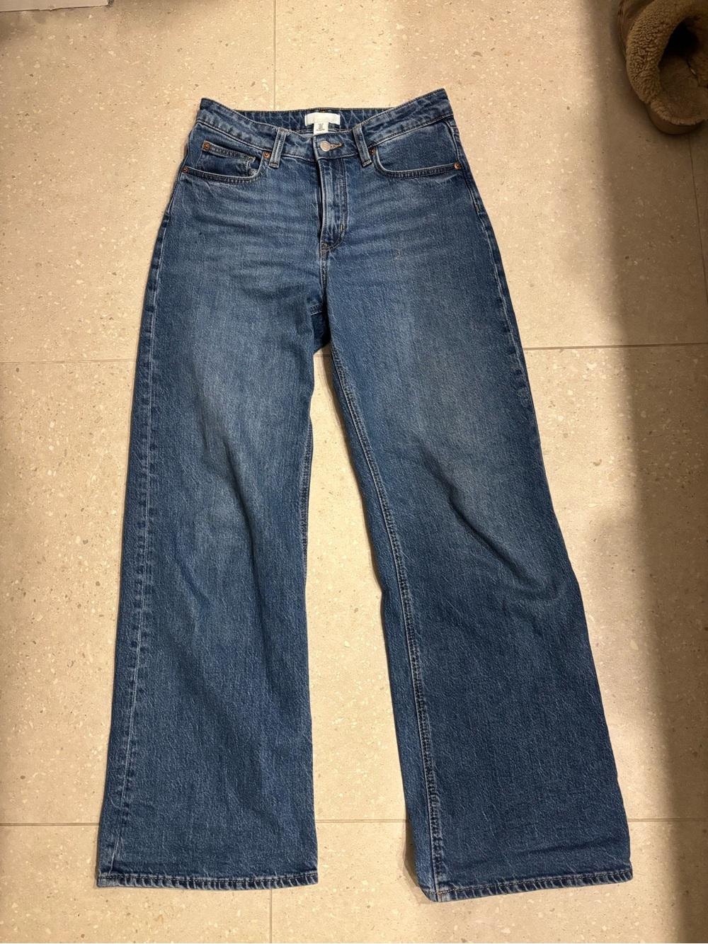 H&M Mid-Rise Wide-Leg Jeans in Medium Blue Wash